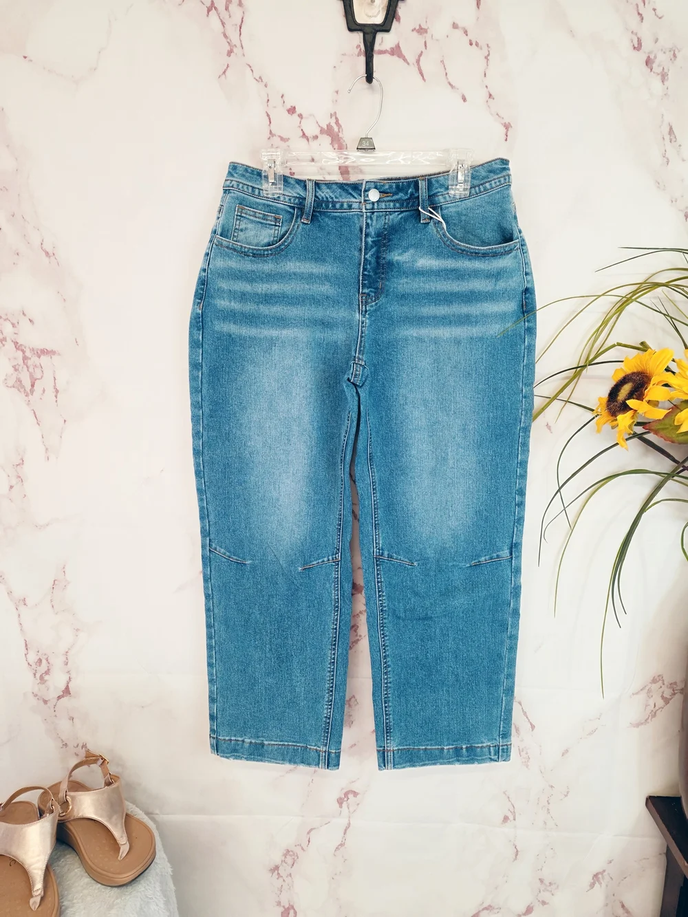 Flamingals Wide Leg Barrel Crop Jeans NWT Size Large High Rise Stretch Denim - Picture 3 of 7